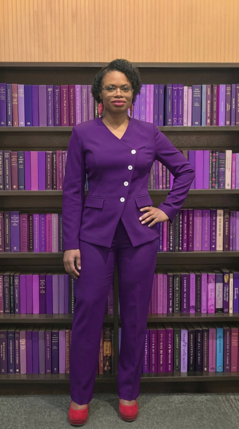 Lynette Hannah, Financial Strategist, standing in a library with purple books